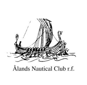 Svartvit teckning av ett vikingaskepp med roddare, ovanför texten Ålands Sjöfartsförening r.f., som finns med i årsskriften.