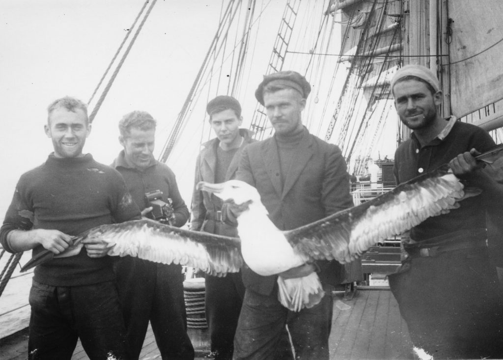 Viisi miestä seisoo laivan kannella, ja heillä on iso albatrossi, jolla on ojennetut siivet.