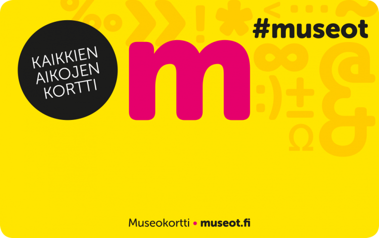 Ett gult kort med en stor rosa bokstav m, en svart cirkel som innehåller KAIKKIEN AIKOJEN KORTTI och hashtaggen #museot. Planera ditt besök med Museokortti • museot.fi.